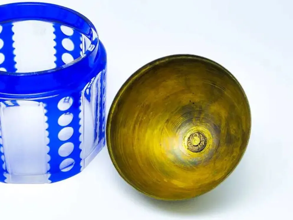 Bonbonnière Art Déco, en verre à double couche, laiton, Allemagne, années 1930