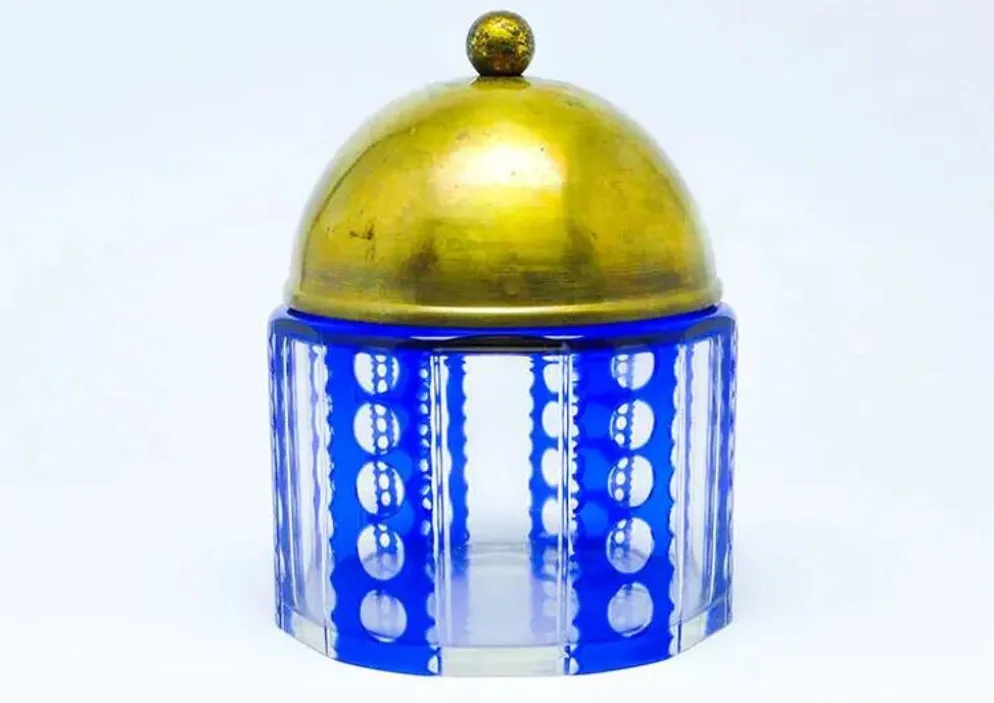 Bonbonnière Art Déco, en verre à double couche, laiton, Allemagne, années 1930