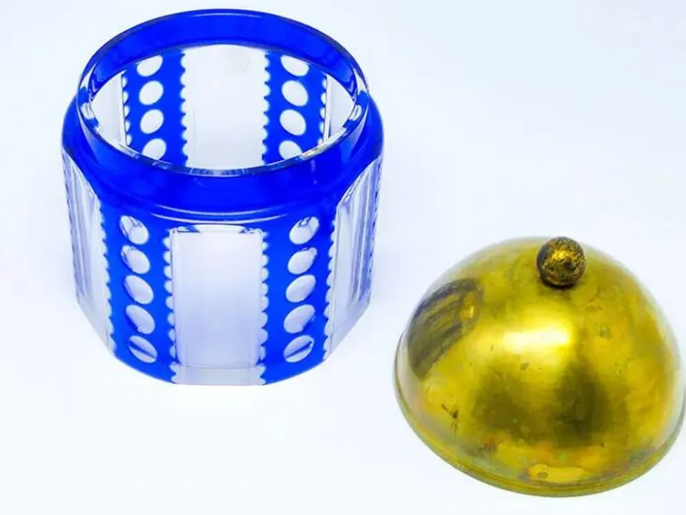 Bonbonnière Art Déco, en verre à double couche, laiton, Allemagne, années 1930