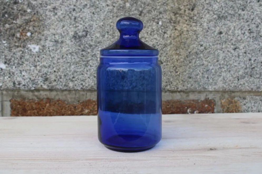 Bonbonnière, bocal hermétique en verre bleu cobalt – France