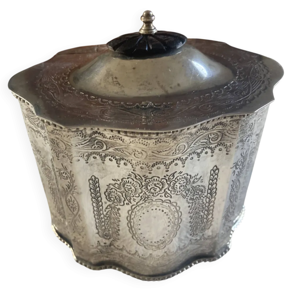 Bonbonnière, boîte à thé victorienne en métal argenté, XIXe siecle