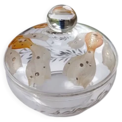 Bonbonnière en verre bohémien antique des années 1930, soufflée à la main et peinte, Art Déco