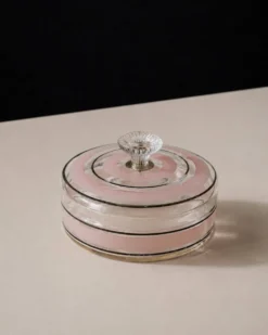 Bonbonnière en verre à rayures rose et noir, art verrier italien années 1960