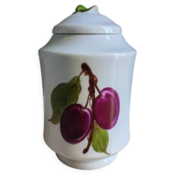 Bonbonnière, pot à confiture en porcelaine motif prunes peint main, signée