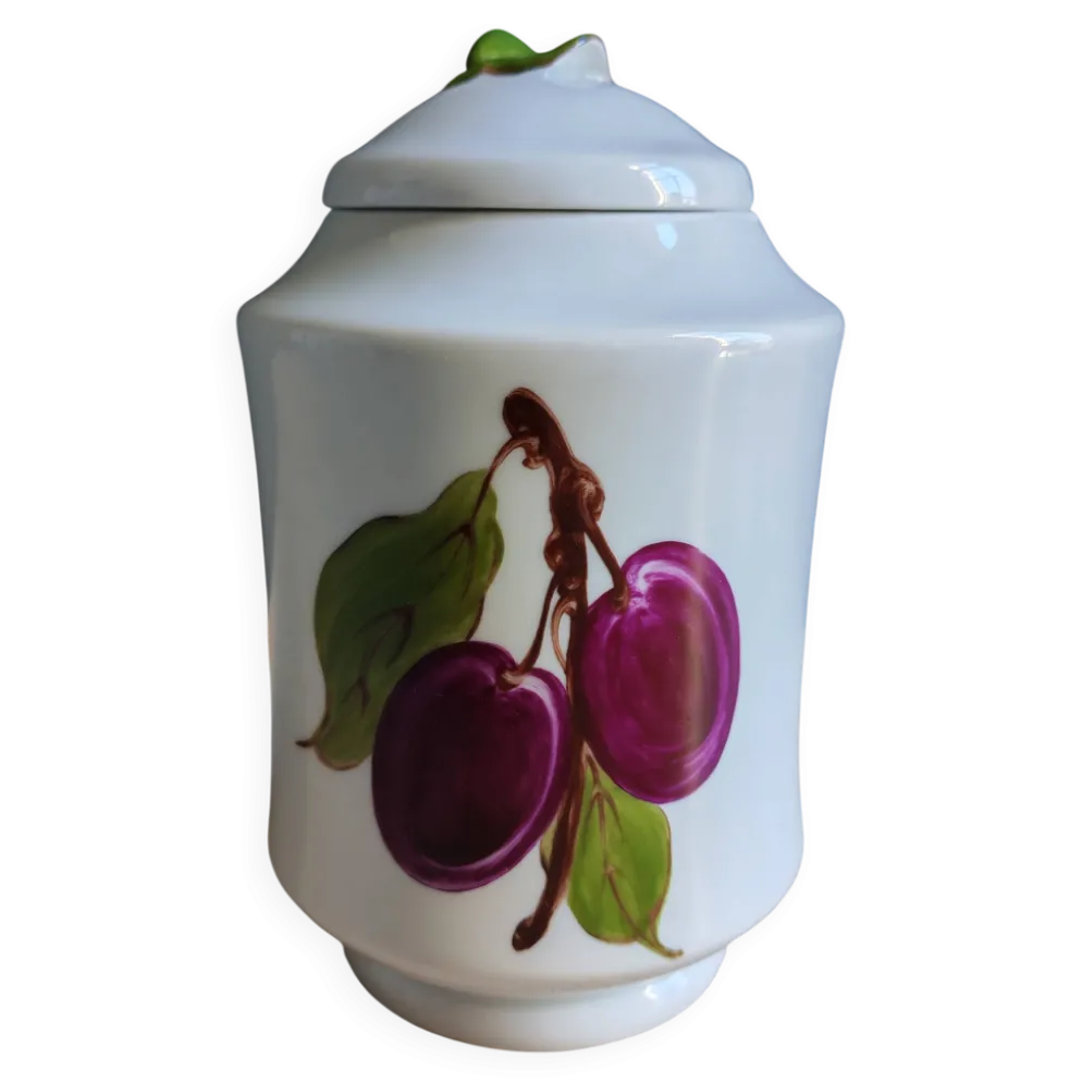 Bonbonnière, pot à confiture en porcelaine motif prunes peint main, signée