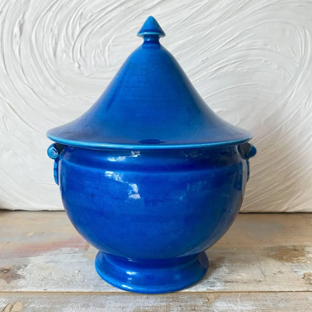 Bonbonnière , soupière en faïence de Malicorne, céramique bleue craquelé