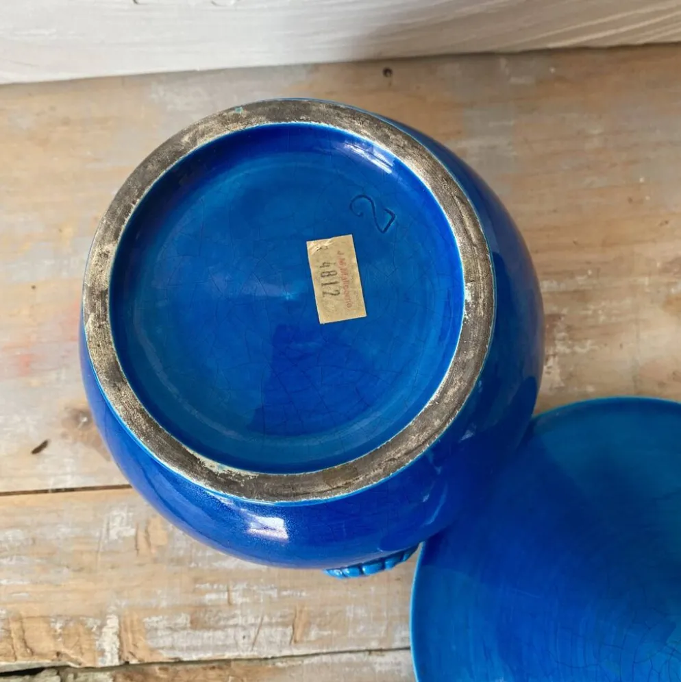 Bonbonnière , soupière en faïence de Malicorne, céramique bleue craquelé