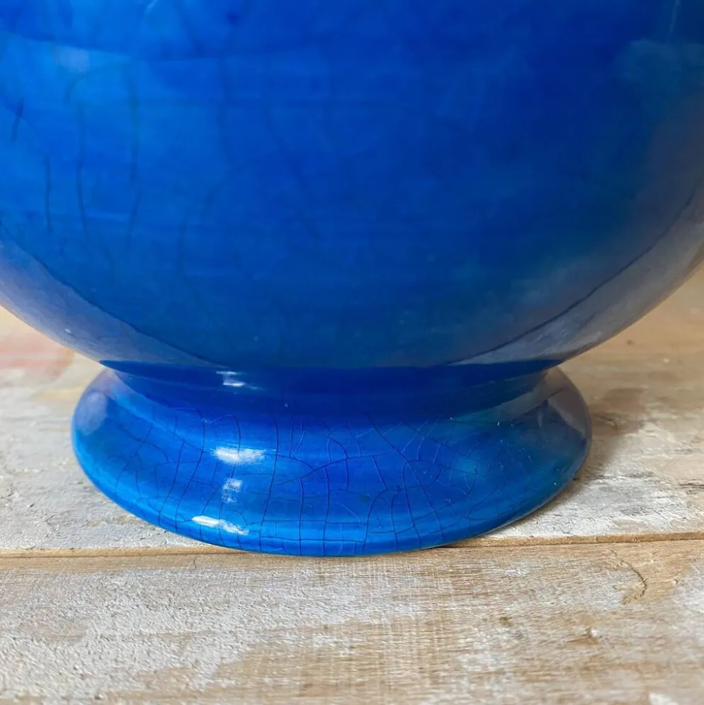 Bonbonnière , soupière en faïence de Malicorne, céramique bleue craquelé