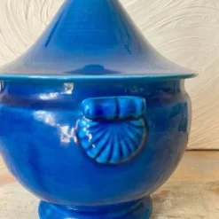 Bonbonnière , soupière en faïence de Malicorne, céramique bleue craquelé