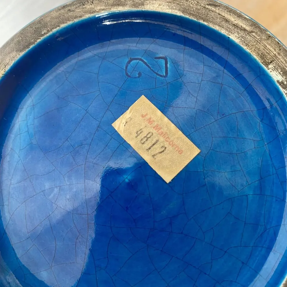 Bonbonnière , soupière en faïence de Malicorne, céramique bleue craquelé