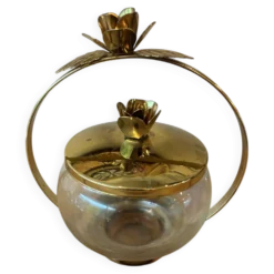 Bonbonnière / Sucrier vintage en verre & laiton doré – Décor Roses sty