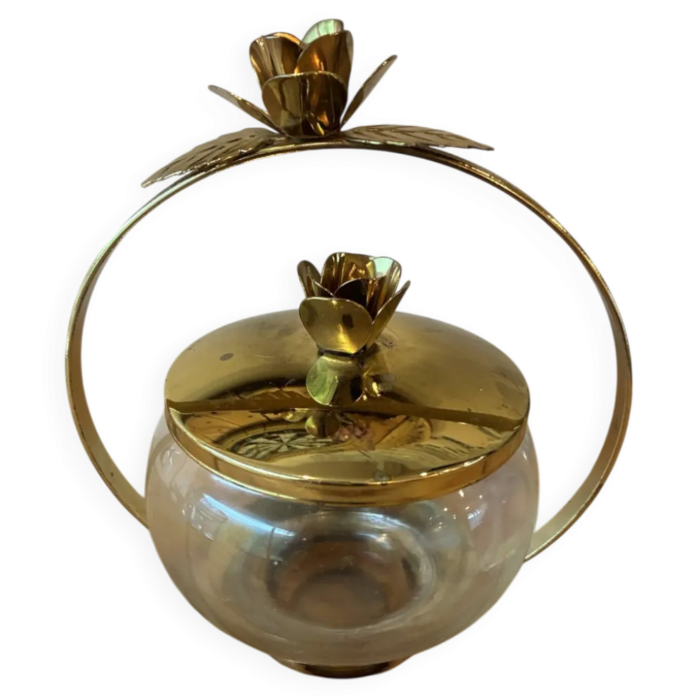 Bonbonnière / Sucrier vintage en verre & laiton doré – Décor Roses sty