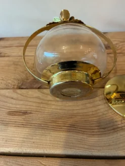 Bonbonnière / Sucrier vintage en verre & laiton doré – Décor Roses sty