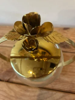Bonbonnière / Sucrier vintage en verre & laiton doré – Décor Roses sty