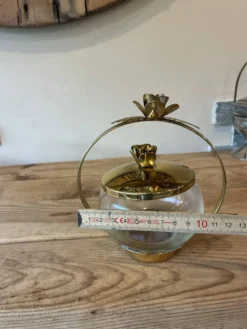 Bonbonnière / Sucrier vintage en verre & laiton doré – Décor Roses sty