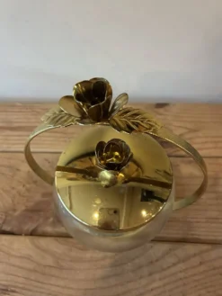 Bonbonnière / Sucrier vintage en verre & laiton doré – Décor Roses sty