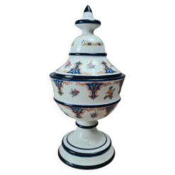 Bonbonnière sur pied vintage avec couvercle – décor bleu et fleurs – pot couvert céramique
