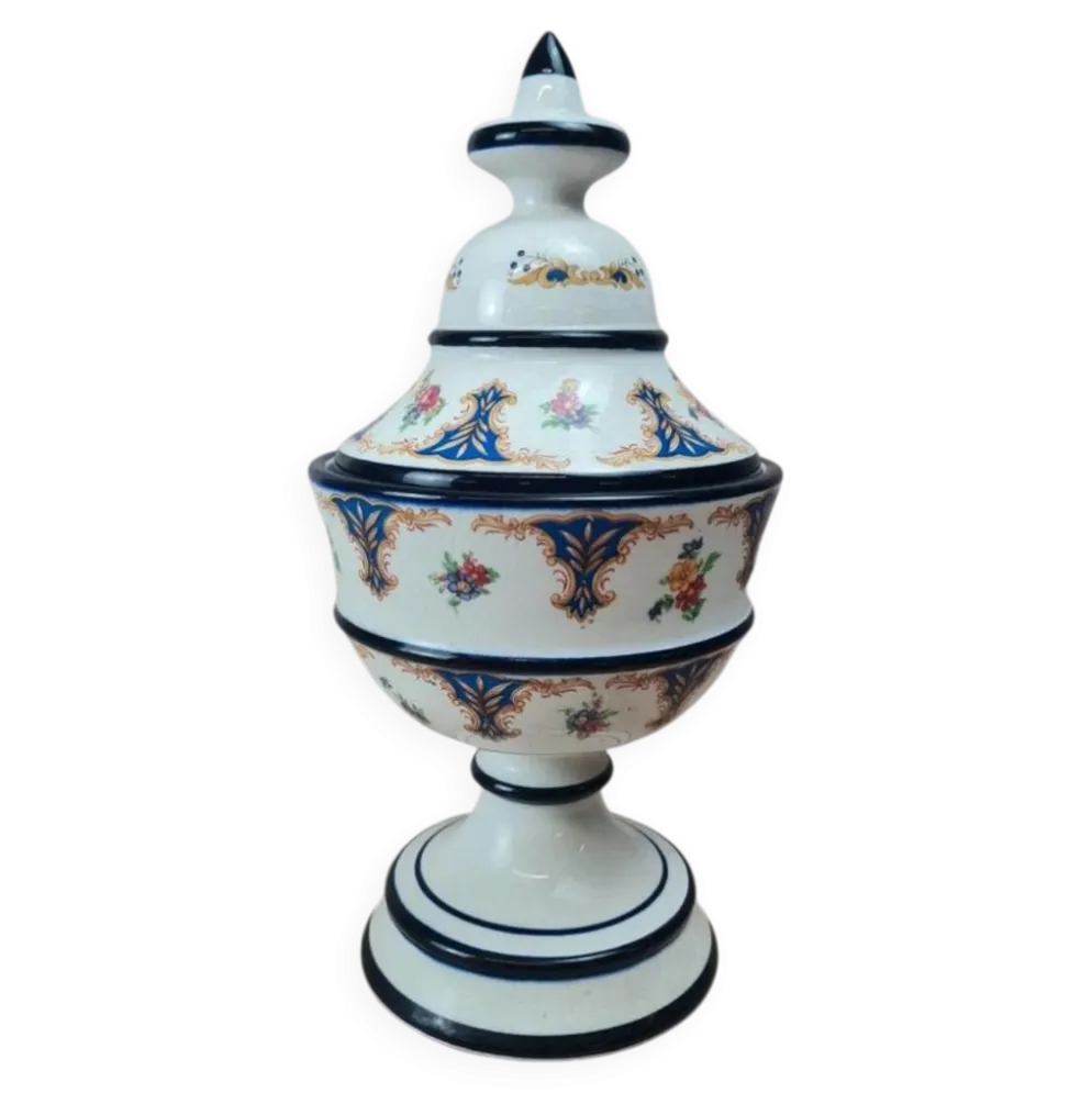 Bonbonnière sur pied vintage avec couvercle – décor bleu et fleurs – pot couvert céramique