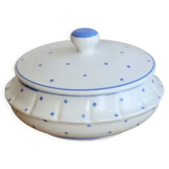 Bonbonnière vintage faïence ivoire pois bleu