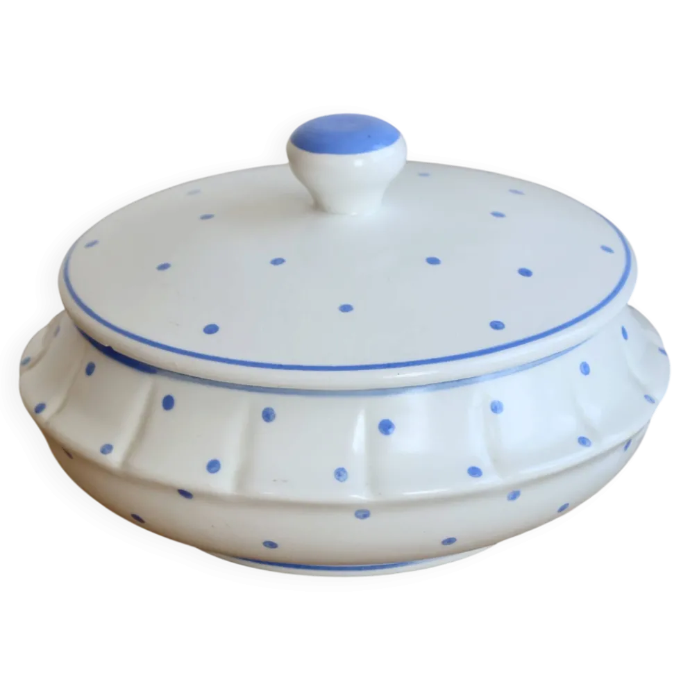 Bonbonnière vintage faïence ivoire pois bleu