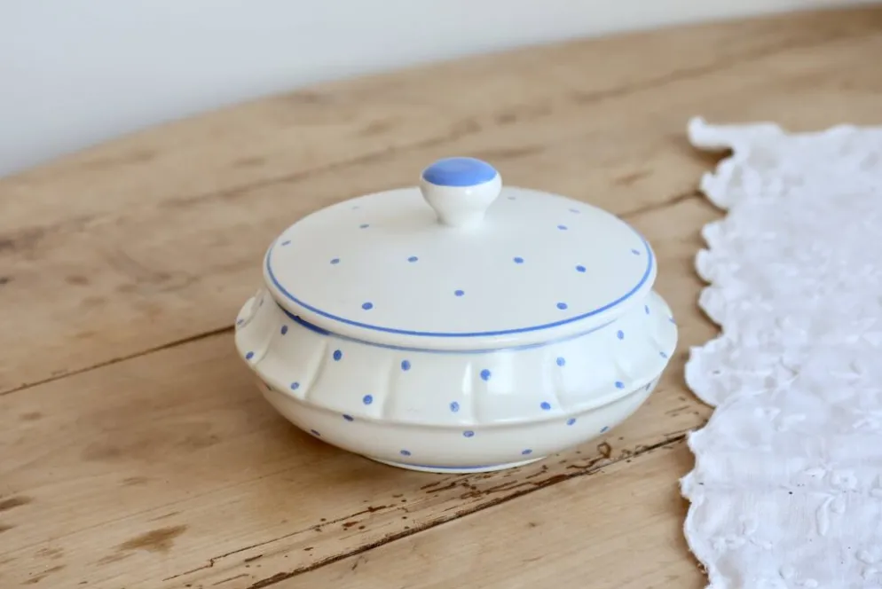 Bonbonnière vintage faïence ivoire pois bleu