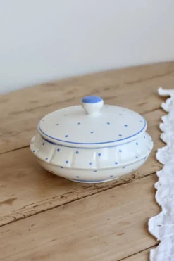 Bonbonnière vintage faïence ivoire pois bleu