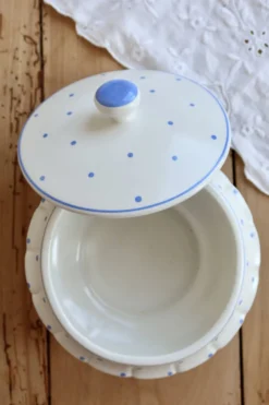 Bonbonnière vintage faïence ivoire pois bleu