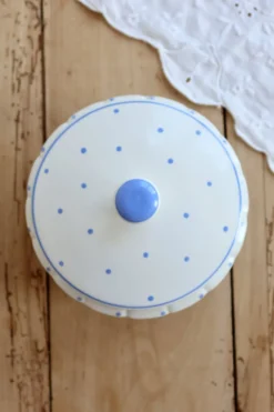 Bonbonnière vintage faïence ivoire pois bleu