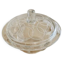 Bonbonnière vintage verre moulé à couvercle – Décor perlé