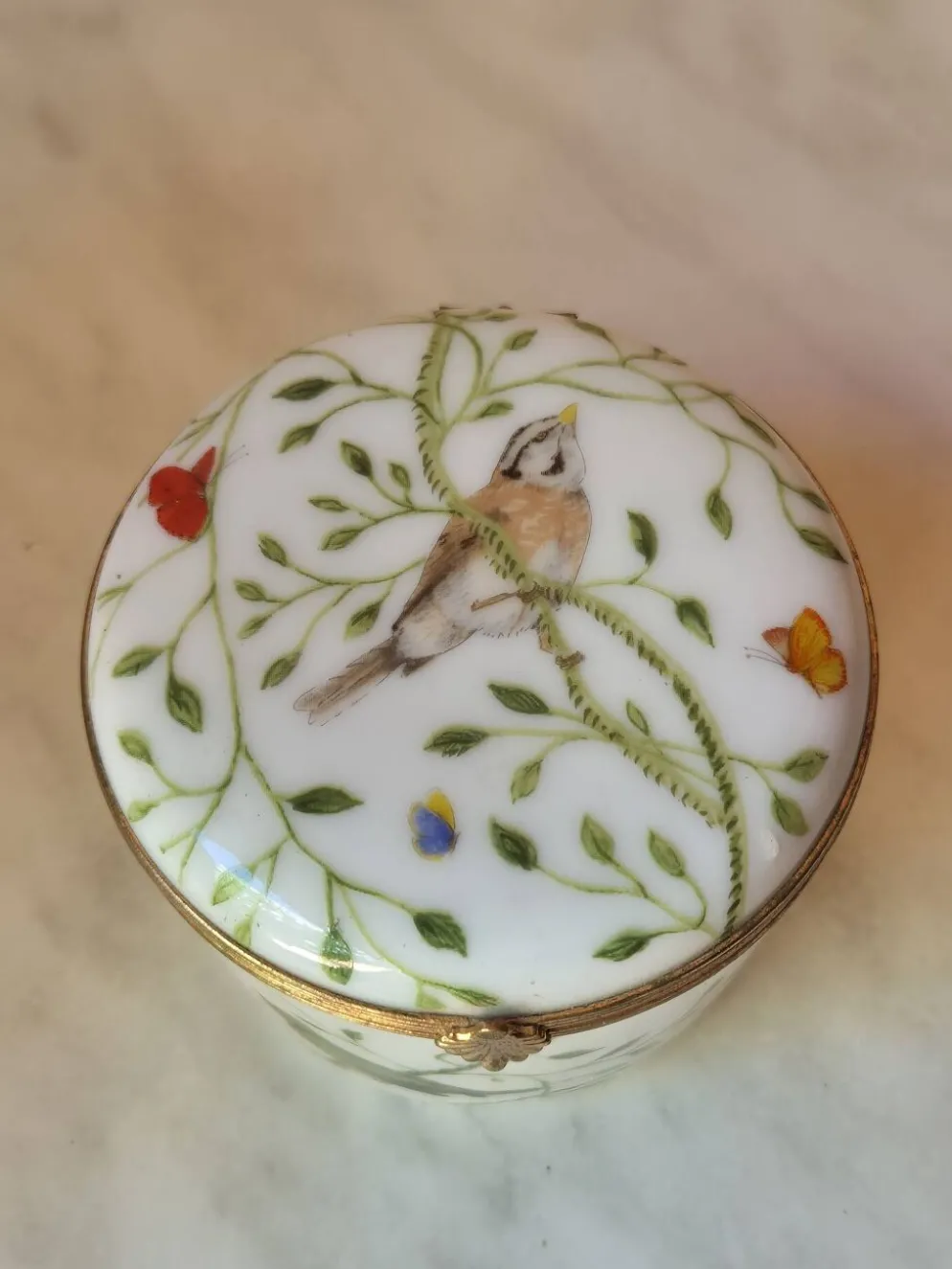 Boîte en porcelaine Raynaud Limoges vintage avec décoration d'oiseaux et de fleurs
