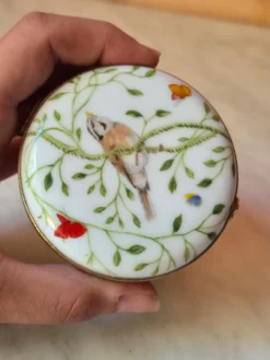 Boîte en porcelaine Raynaud Limoges vintage avec décoration d'oiseaux et de fleurs