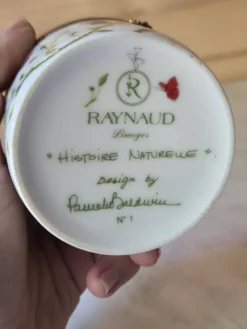 Boîte en porcelaine Raynaud Limoges vintage avec décoration d'oiseaux et de fleurs