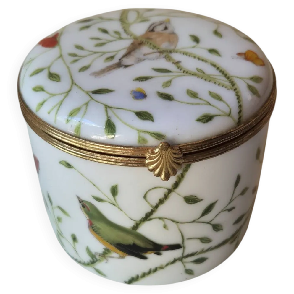Boîte en porcelaine Raynaud Limoges vintage avec décoration d'oiseaux et de fleurs
