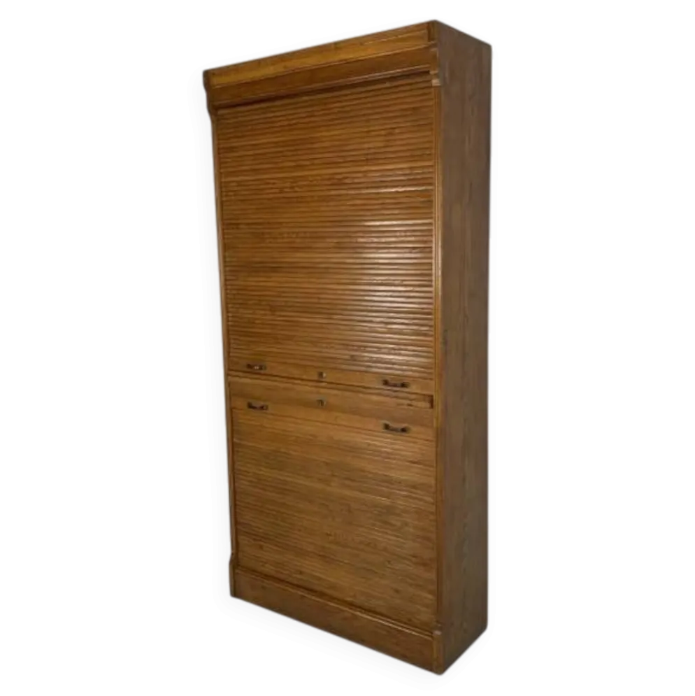 Boîte à rideaux roulants de 229 cm de haut avec deux rideaux l'un au-dessus de l'autre, années 1930