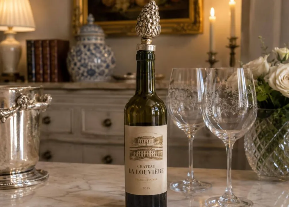 Bouchon de bouteille de vin en argent sterling vintage en forme de pomme de pin, accent de bar de luxe pour la maison.