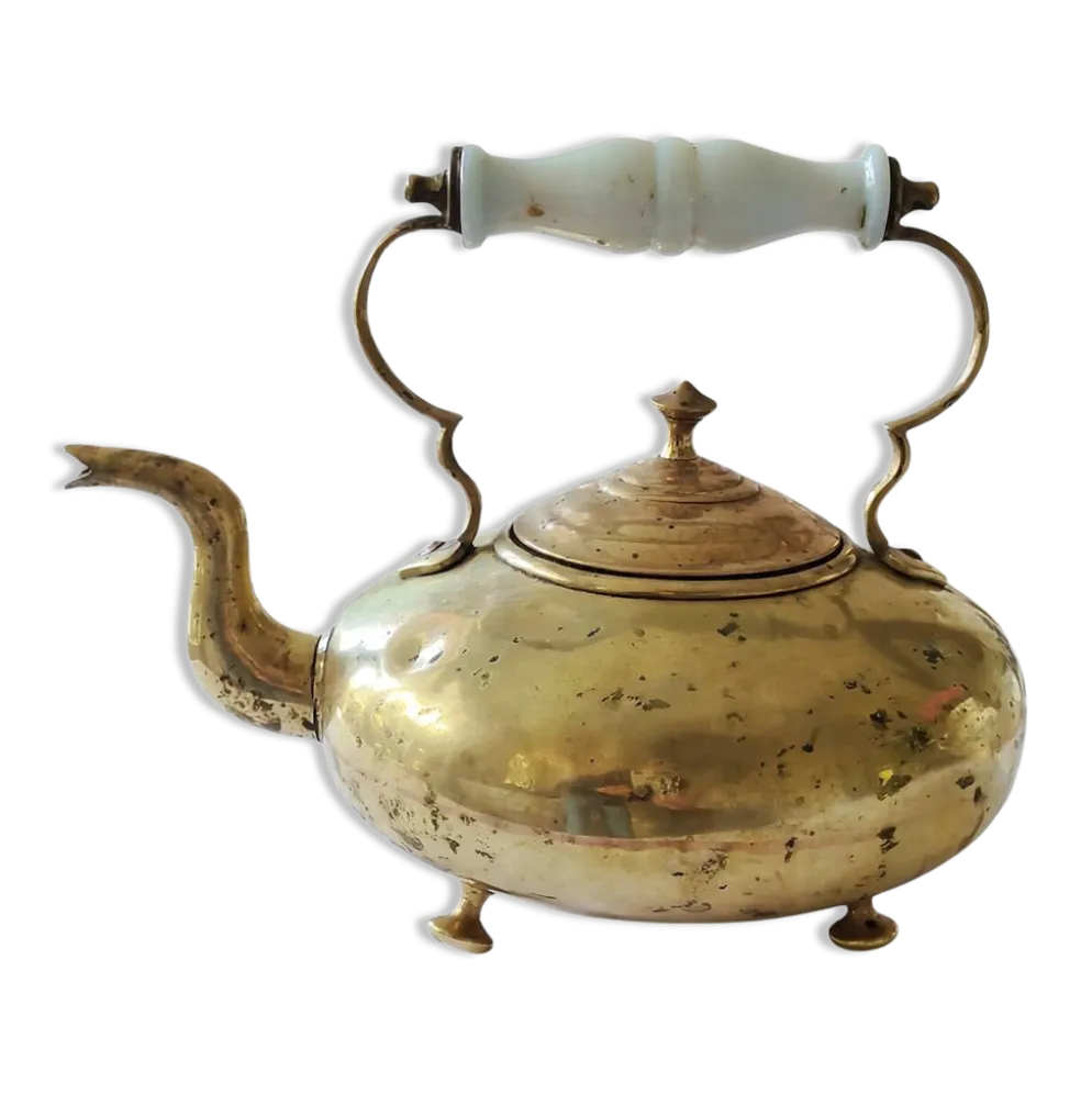 Bouilloire victorienne tripode ancienne en laiton et anse en porcelaine