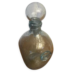 Bouteille ancienne Biot verre soufflé bullé bleu + bouchon vintage