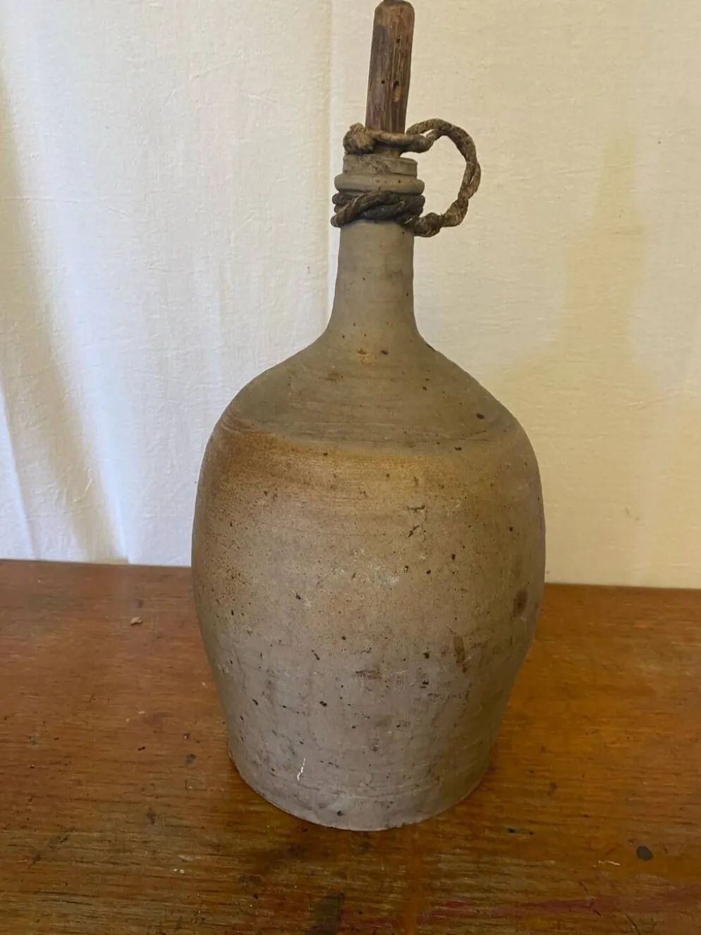 Bouteille Ancienne Grès Beige + Bouchon Bois Grand Volume Vintage