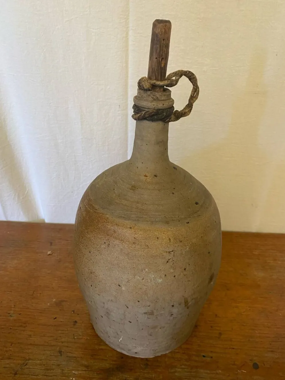 Bouteille Ancienne Grès Beige + Bouchon Bois Grand Volume Vintage
