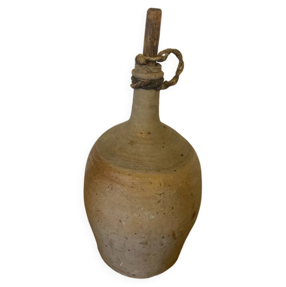 Bouteille Ancienne Grès Beige + Bouchon Bois Grand Volume Vintage