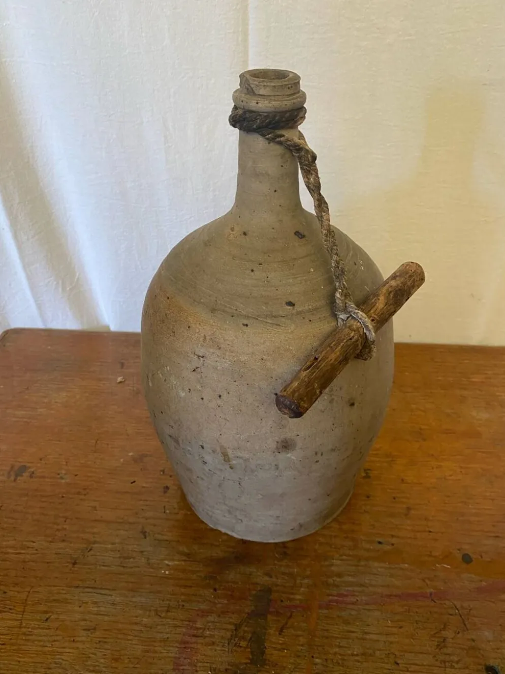 Bouteille Ancienne Grès Beige + Bouchon Bois Grand Volume Vintage