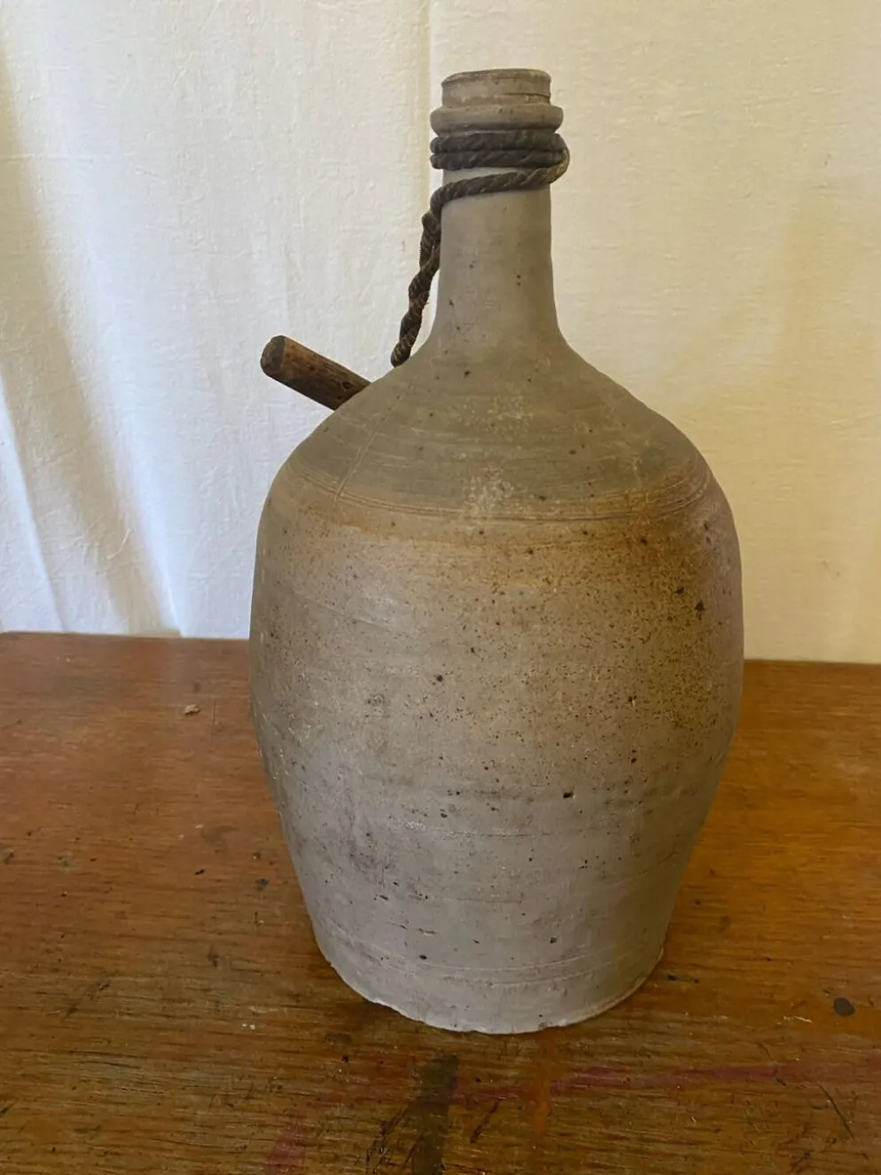 Bouteille Ancienne Grès Beige + Bouchon Bois Grand Volume Vintage