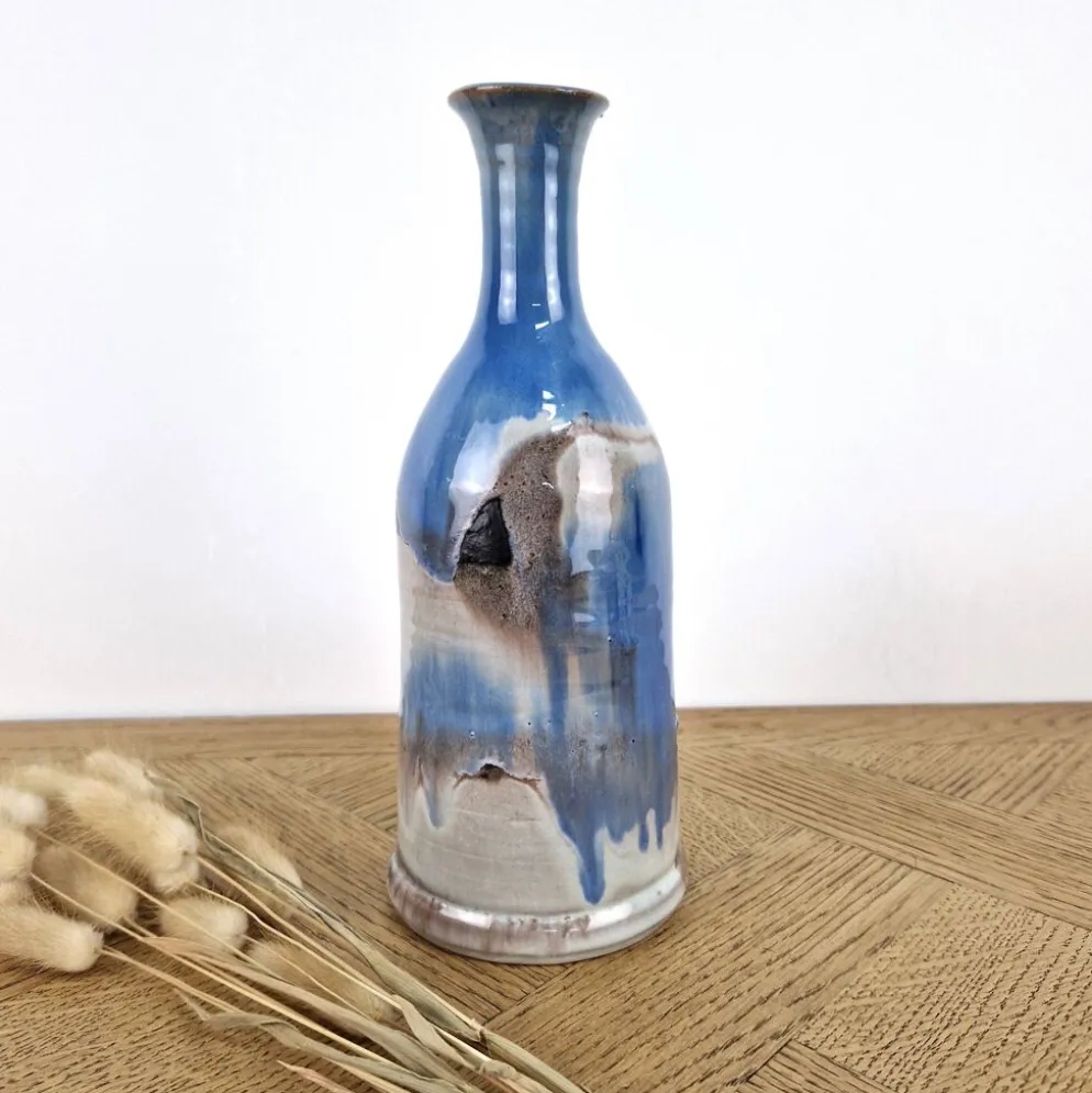Bouteille bleu design signée - vase soliflore vintage
