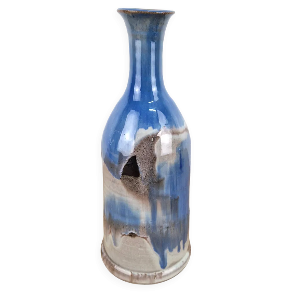Bouteille bleu design signée - vase soliflore vintage