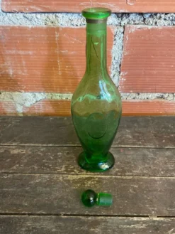 Bouteille Carafe Ancienne Verre Bullé Vert Avec Bouchon Vintage