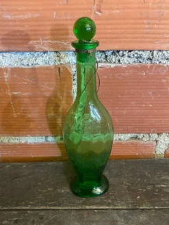 Bouteille Carafe Ancienne Verre Bullé Vert Avec Bouchon Vintage