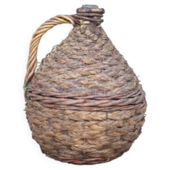 Bouteille dame Jeanne, bouteille verre vert habillée d'un tressage paille et osier, bonbonne, déco v
