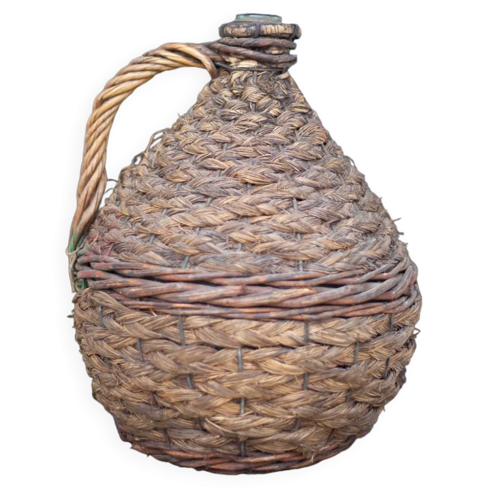 Bouteille dame Jeanne, bouteille verre vert habillée d'un tressage paille et osier, bonbonne, déco v