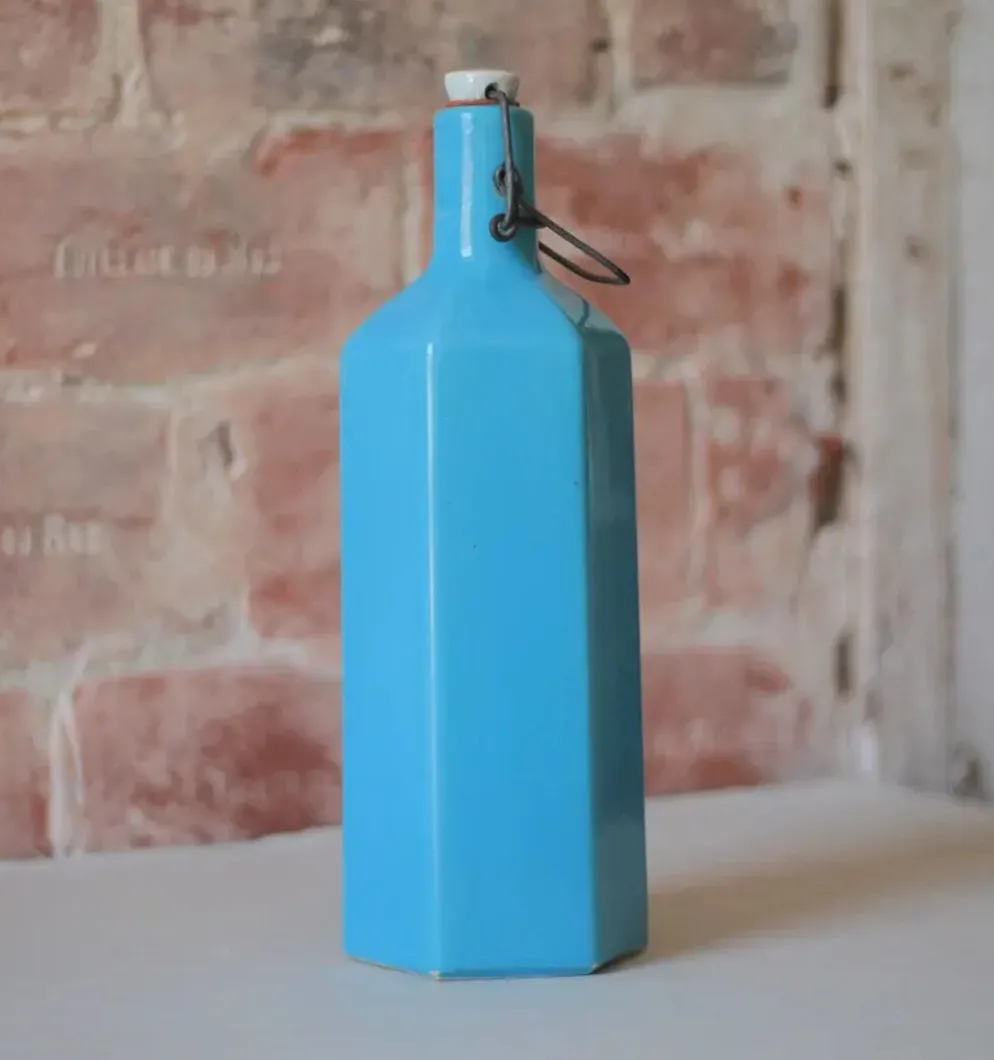 Bouteille de limonade en grès vernissé bleu , grès d'Alsace, poterie, collection