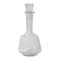 Bouteille de vin en verre pressé clair avec motif floral et bouchon / Italie / 1930
